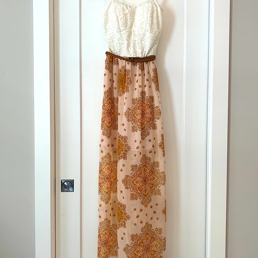 Boho Cream and Tan Maxi Dress with Lace Bodice